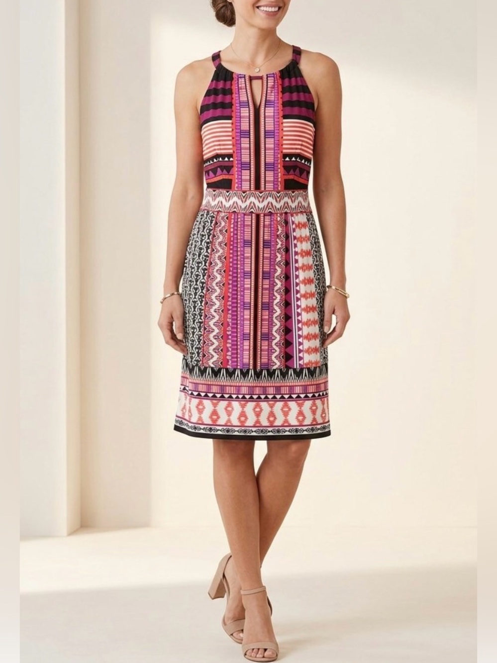 Roz & Ali sleeveless halter-style dress feature a colorful Aztec geometric print